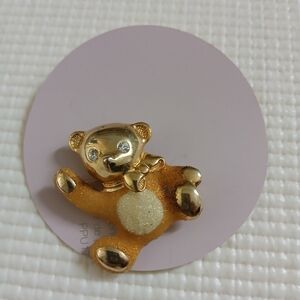 Vintage Teddy Bear gold tone, rhinestones, textured, 1 5/8, mint